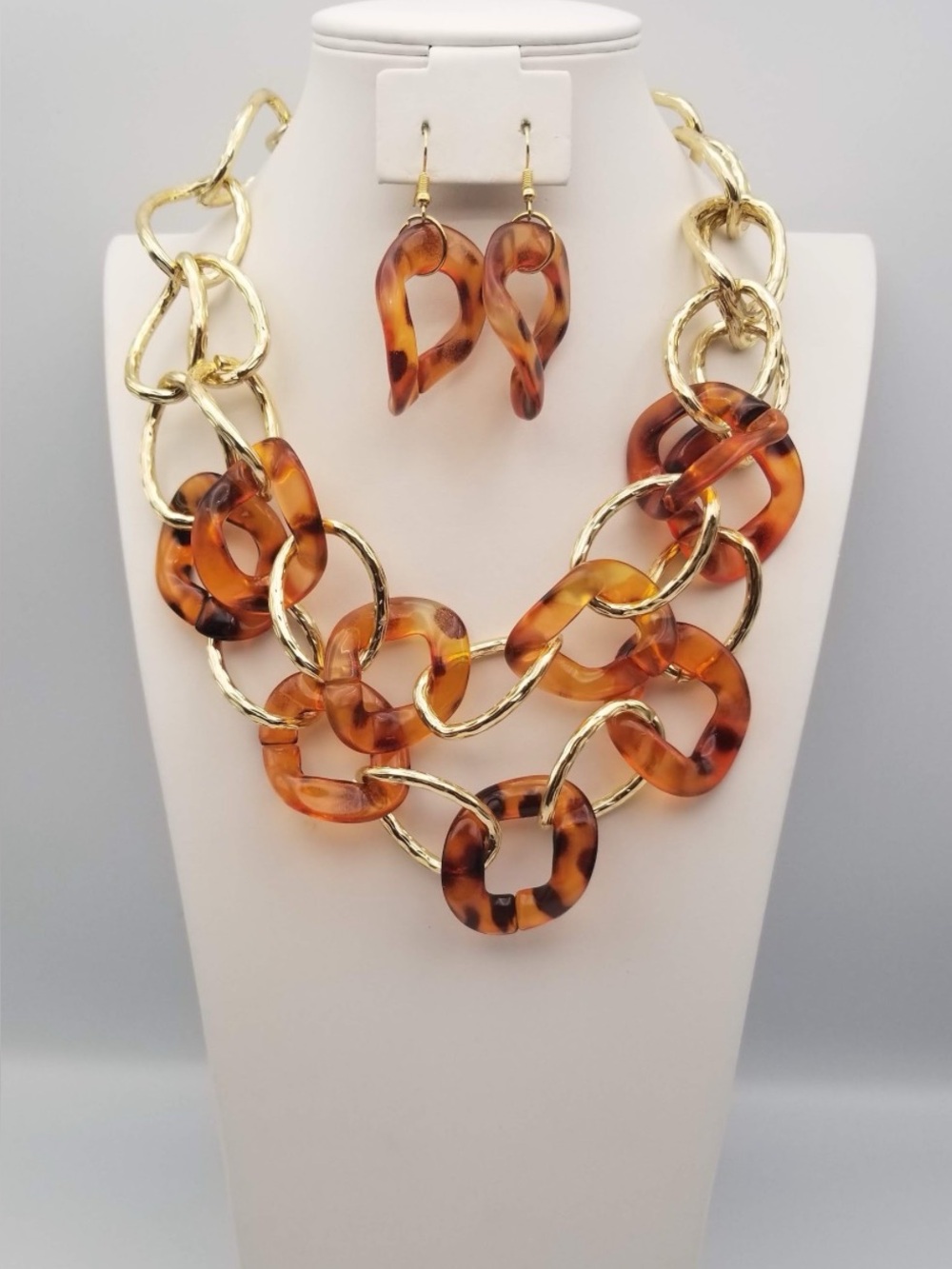 Tortoiseshell Link Statement Necklace and Earrings Set